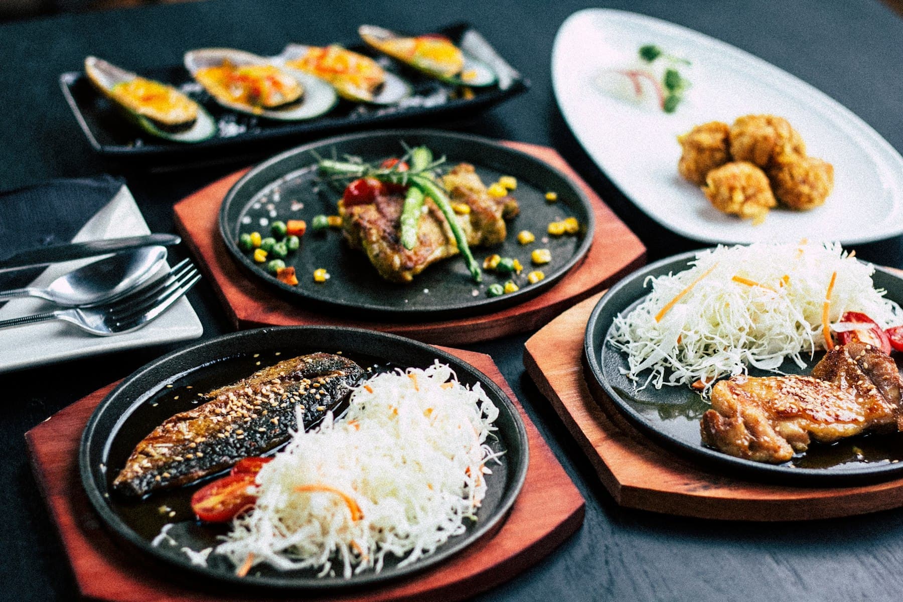 Selection of hot platters ready to be served